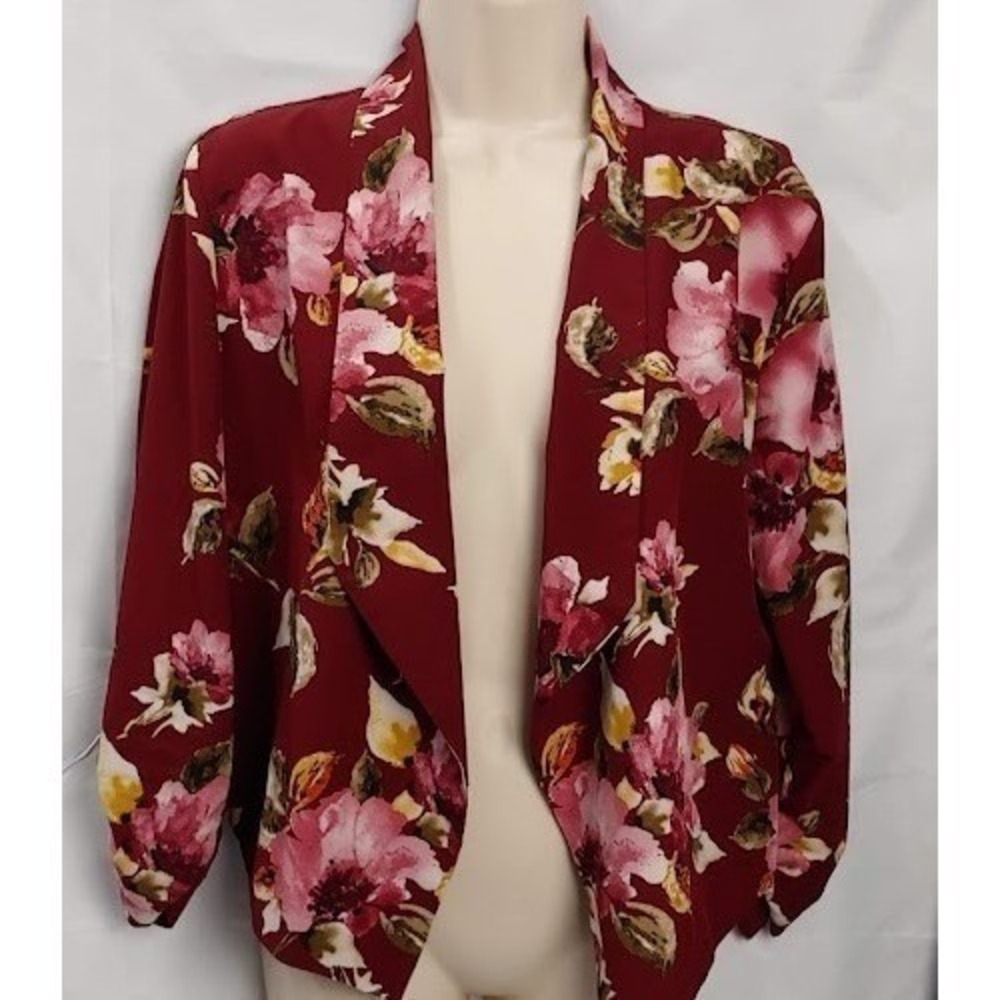 Womens Burgundy Sile L Floral Open Front Blazer Jacket Cardigan Chocolate USA Lq - Picture 3 of 11